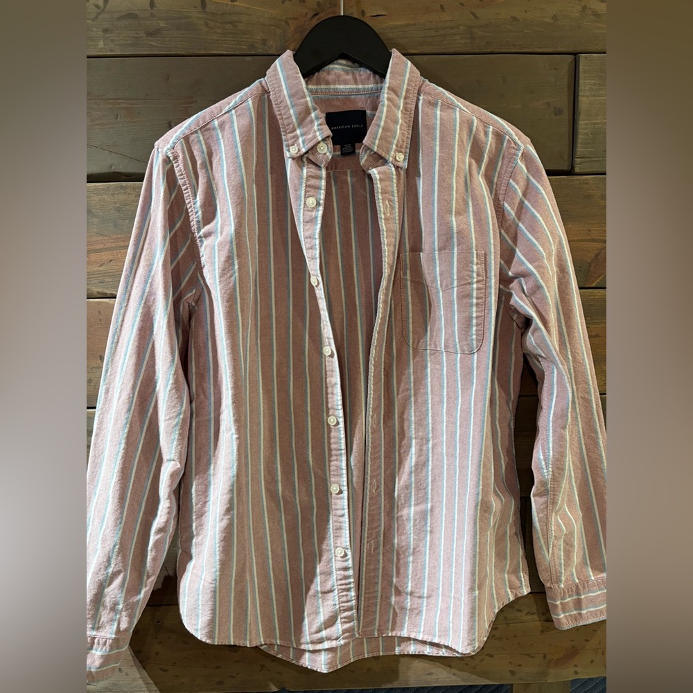 American Eagle Outfitters Pink and White Striped Button-Down Shirt